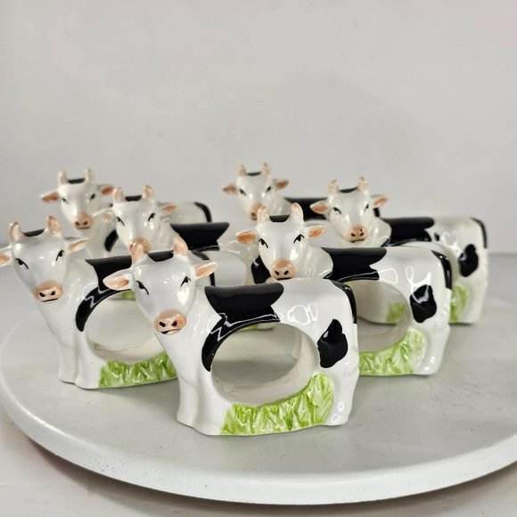 Cow Holstein Dairy Napkin Rings Ceramic Set Of 7 Kitsch Farm *Flaws* - Picture 4 of 9